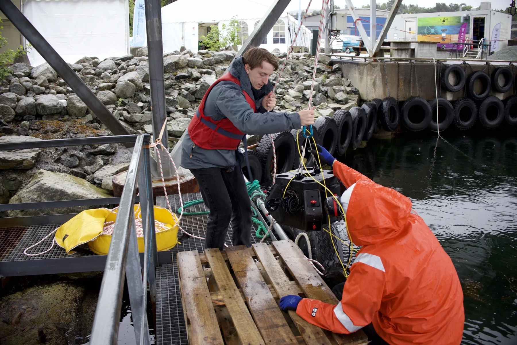 Students deploying an ROV from the dock
